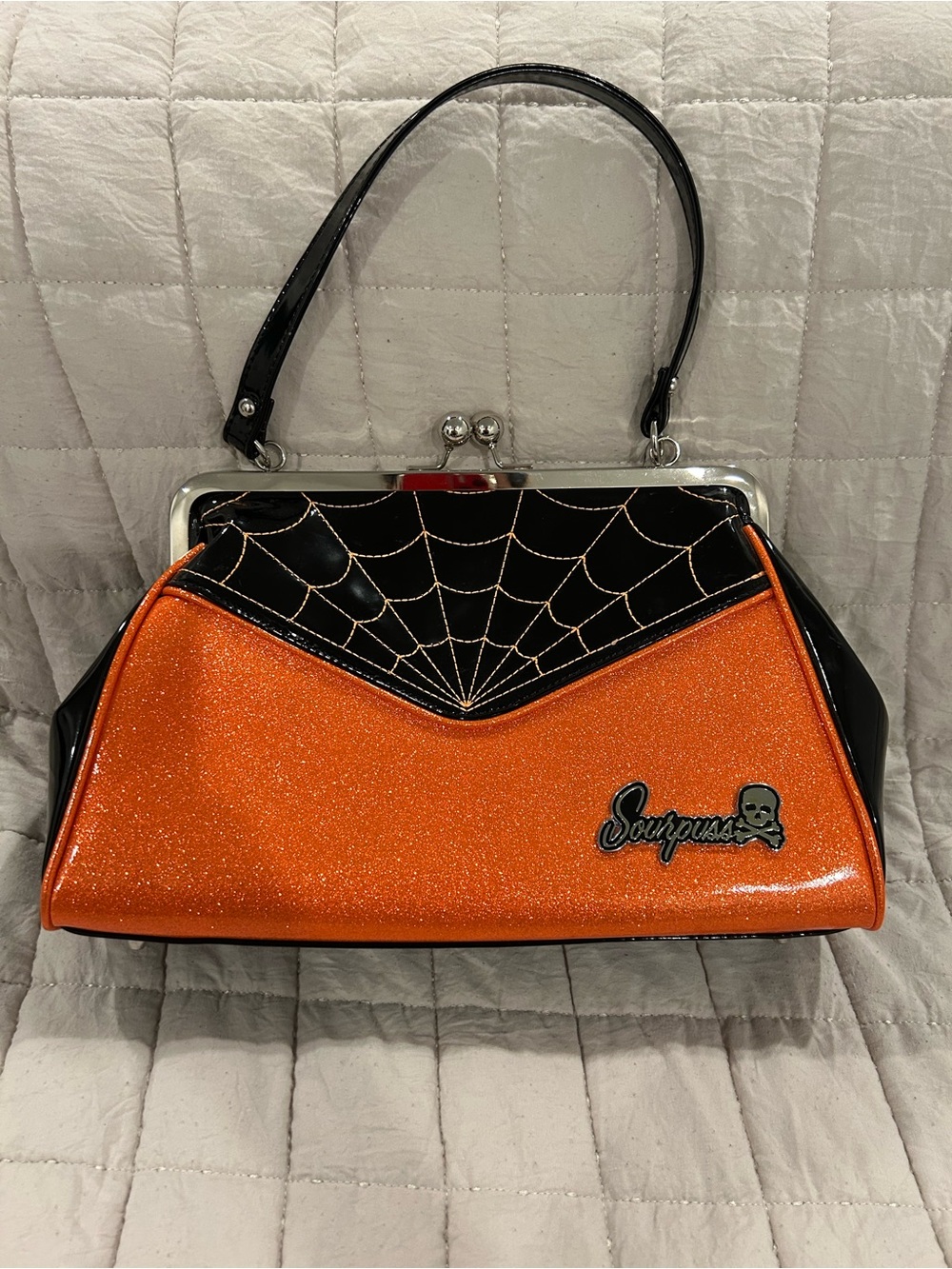 RARE Sourpuss Orange Glitter Spiderweb Handlelock kiss Bag